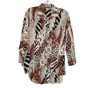 Leopard Tiger Animal Print Blouse Vest L Brown Black Mob Wife Top Vintage 1980s